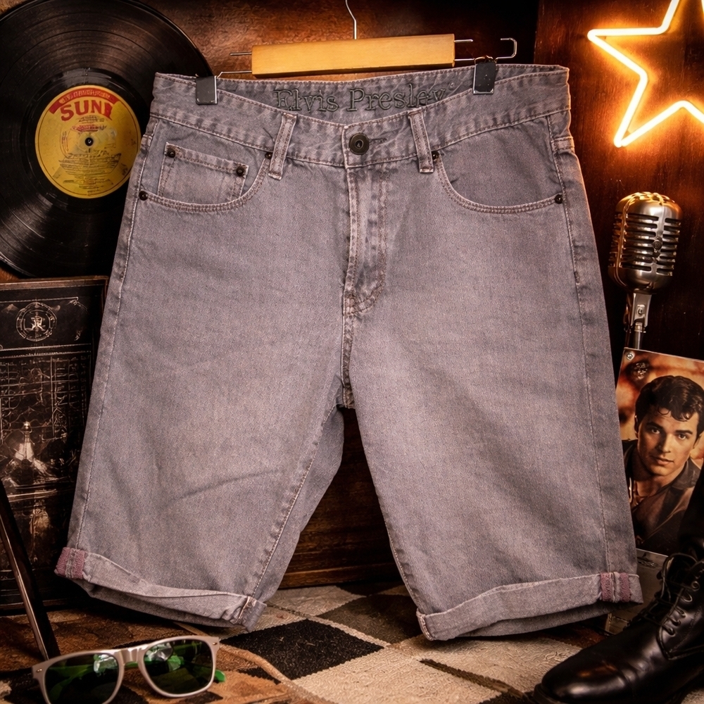 Elvis Presley Mens Lavender Grey Denim Shorts Rock Y2K 100% Cotton Size L